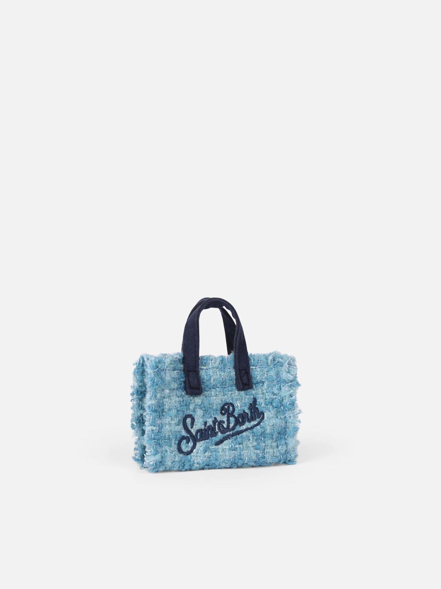 Light Blue Tweed Fabric Key Holder White Logo Embroidery