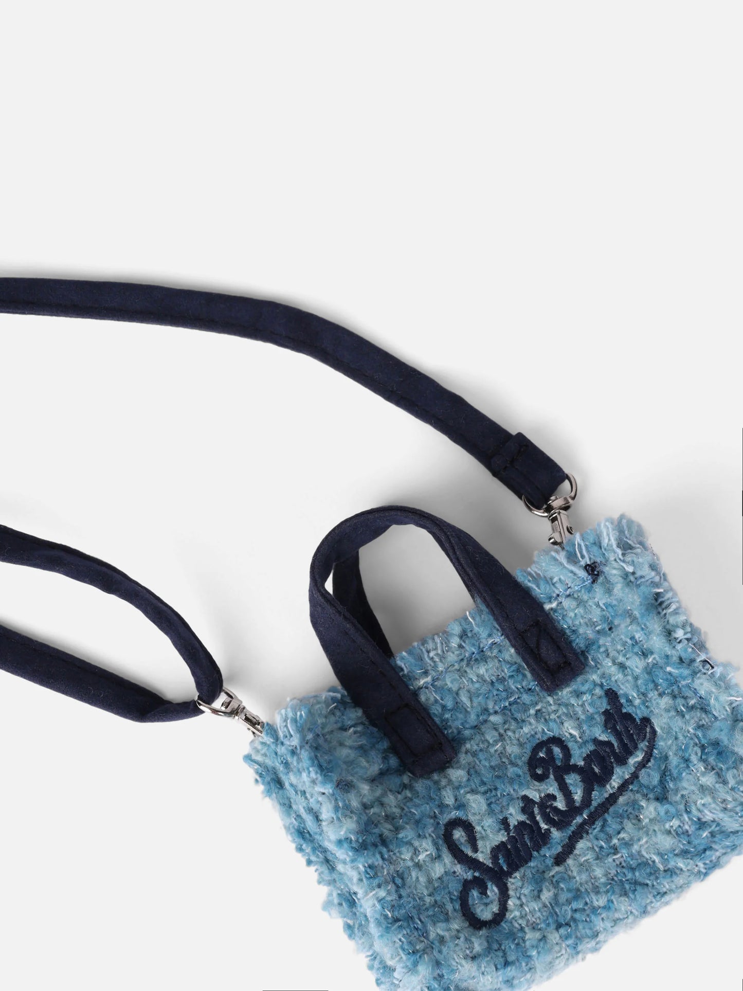 Light Blue Tweed Fabric Key Holder White Logo Embroidery