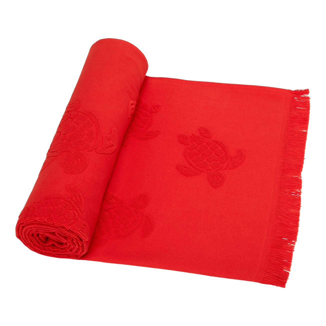Beach Towel In Organic Cotton Turtles Jacquard - Poppy Red