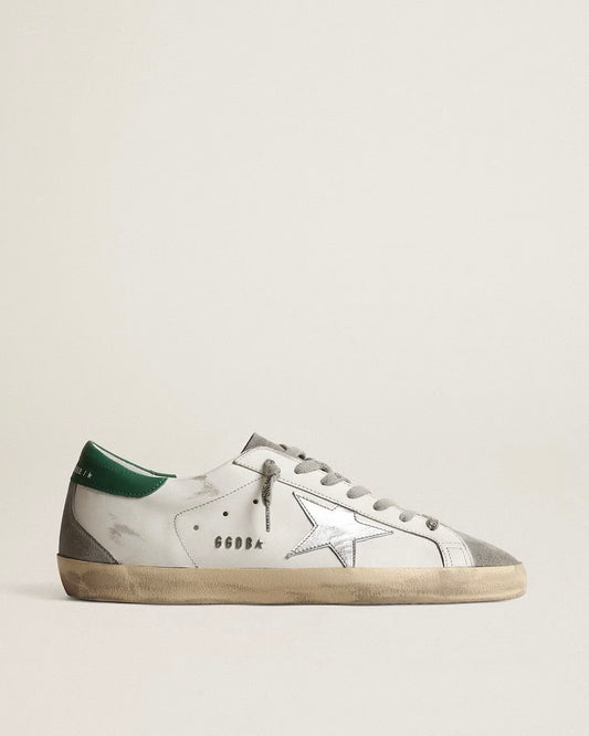 Men’s Super-Star in white leather with silver star and green heel tab