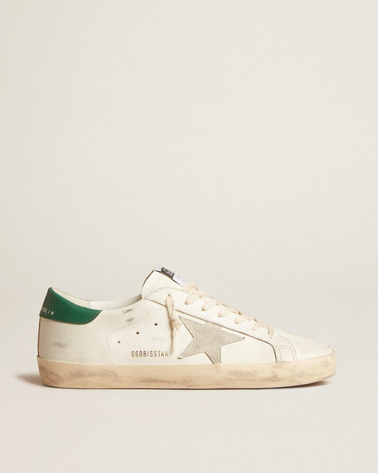 Super-Star in white leather with ice-gray suede star and green leather heel tab