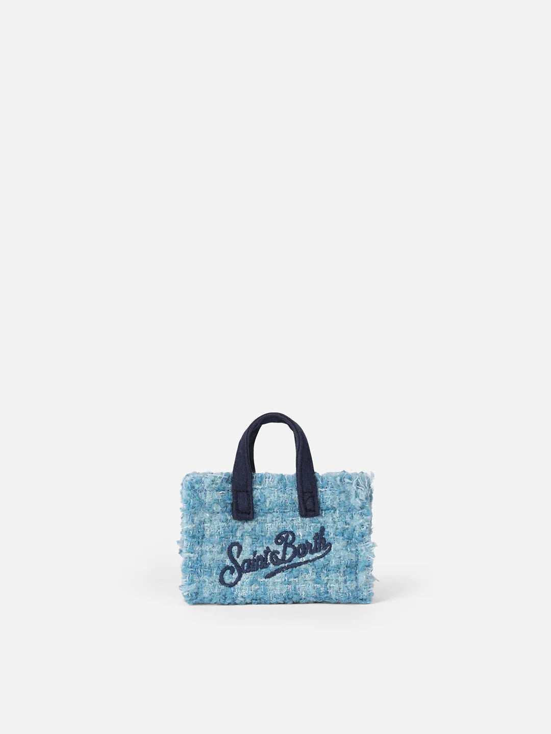 Light Blue Tweed Fabric Key Holder White Logo Embroidery
