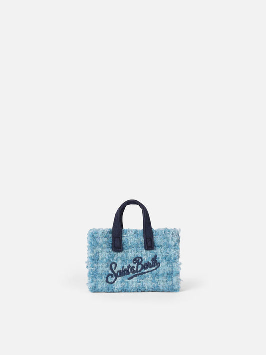 Light Blue Tweed Fabric Key Holder White Logo Embroidery