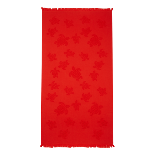 Beach Towel In Organic Cotton Turtles Jacquard - Poppy Red