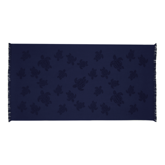 Beach Towel In Organic Cotton Turtles Jacquard - Navy